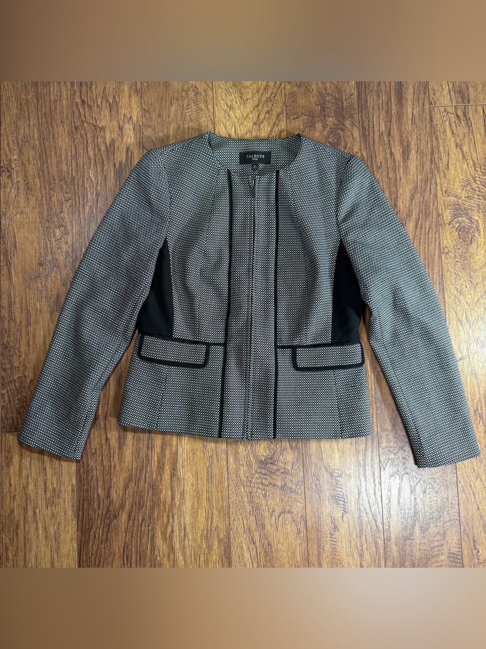 Talbots Petites 2P Black White Textured Zip Front Jacket Blazer Career